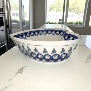 Boleslawiec Polish Pottery Heart Shape Serving Bowl Peacock Christmas Pine Trees